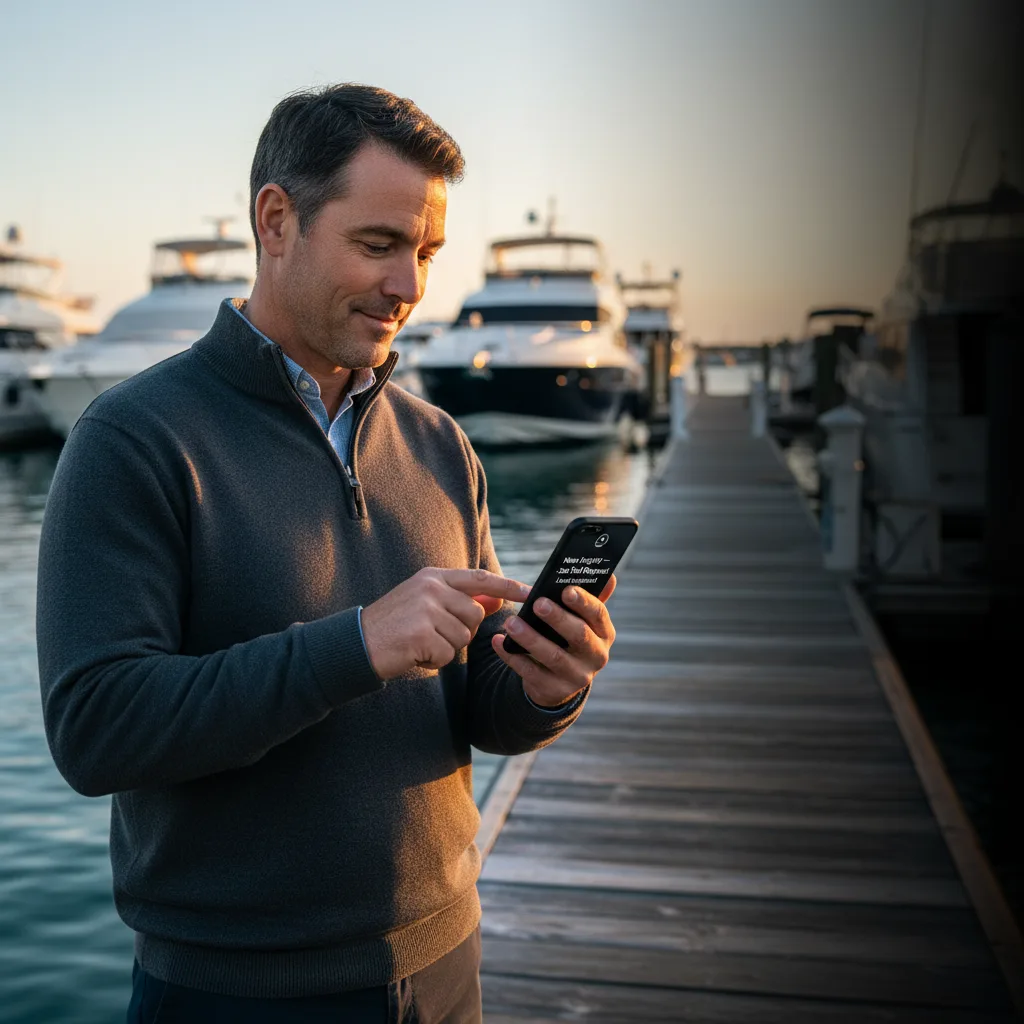 Boat dealer on marina dock holding phone with lead notification