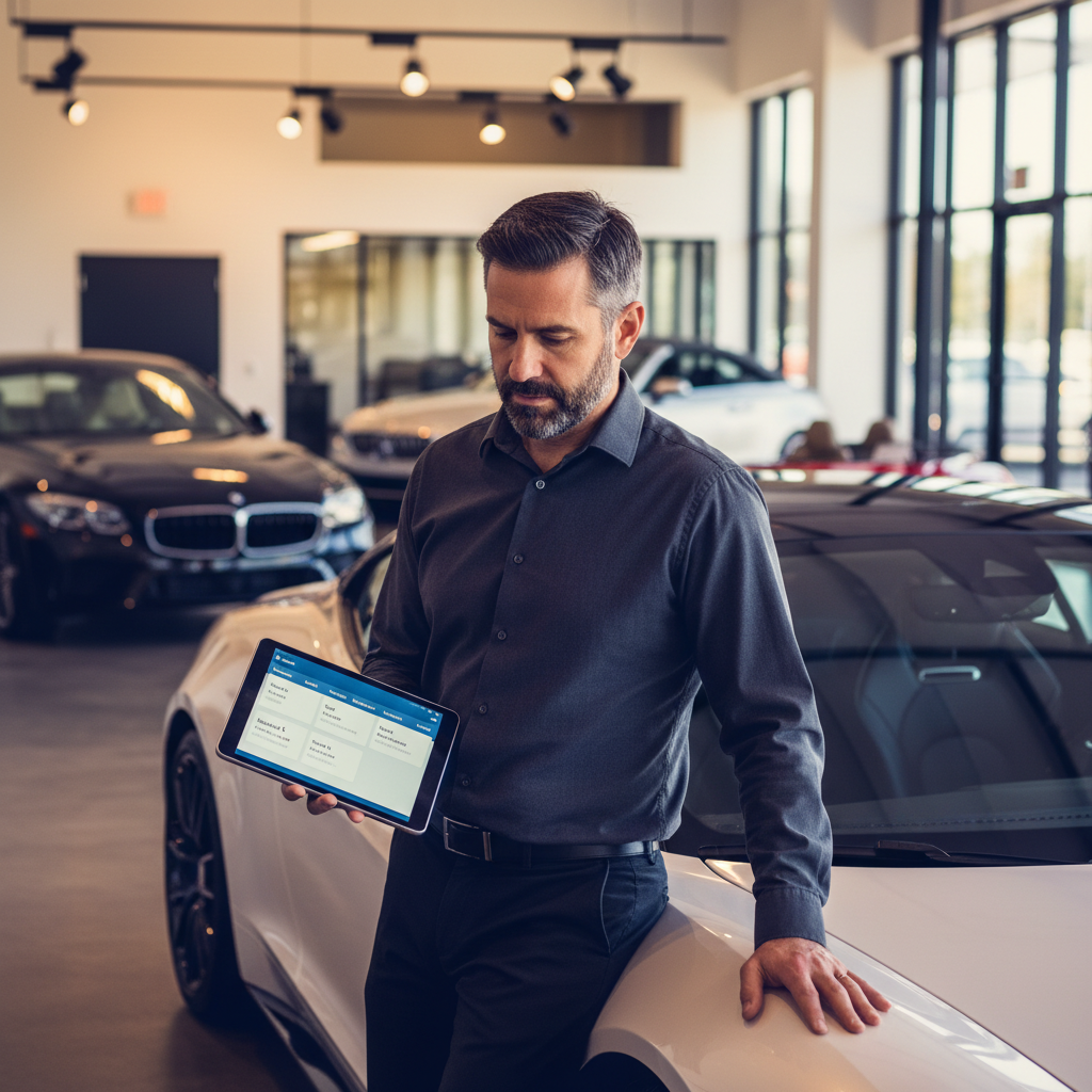 Car dealership sales manager holding tablet with CRM pipeline