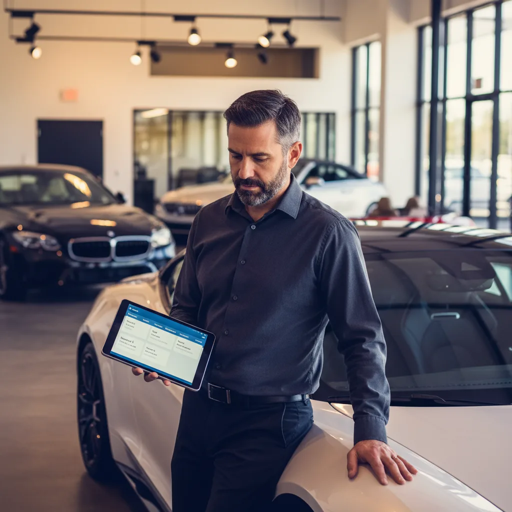 Car dealership sales manager holding tablet with CRM pipeline
