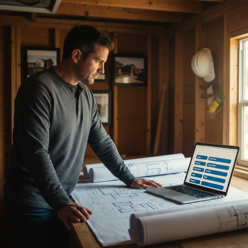 Custom home builder reviewing blueprints with CRM pipeline on laptop