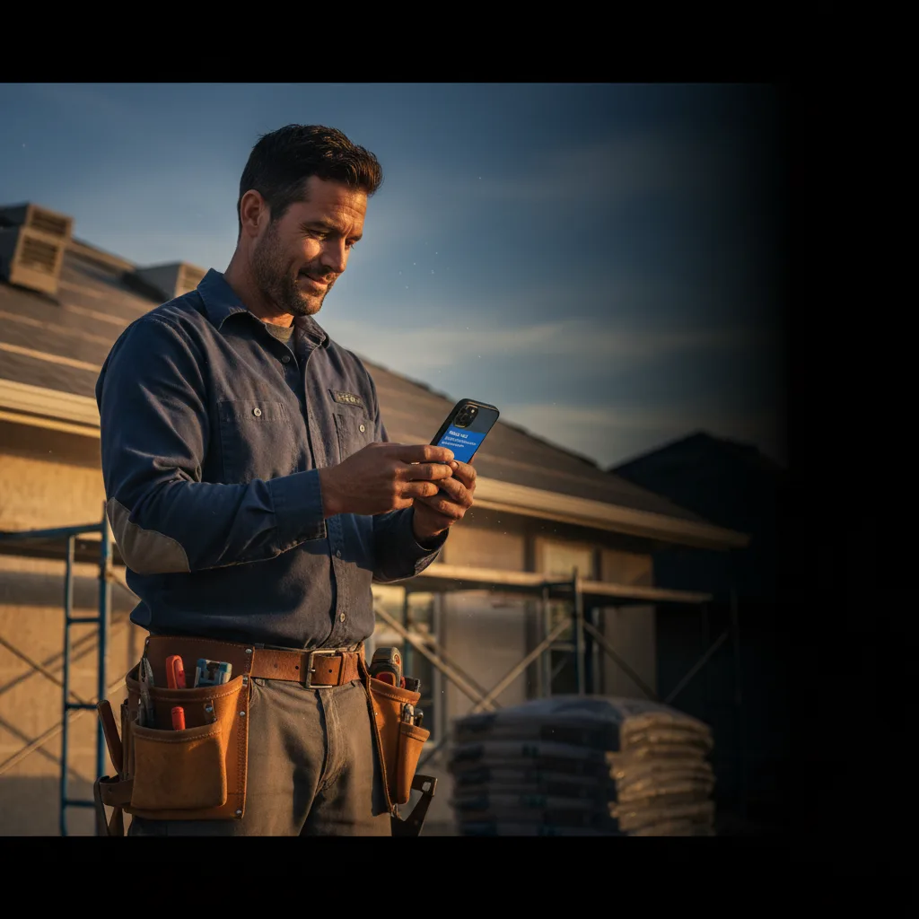 Home services contractor checking phone notification at job site