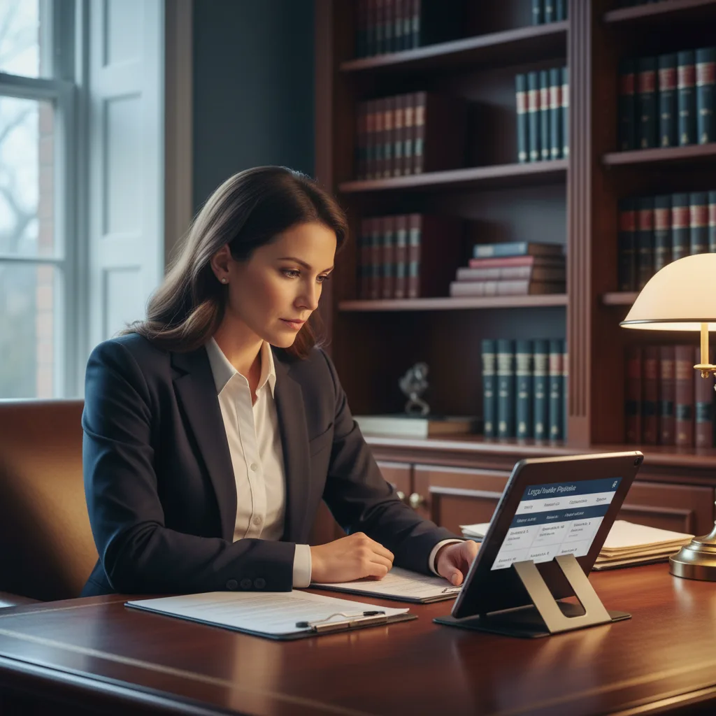 Attorney at desk with legal intake pipeline on tablet